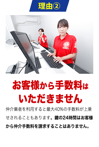 理由2 お客様から余計な手数料はいただきません。　仲介業者を利用すると最大40%の手数料が上乗せされることもあります。鍵の24時間はお客様から仲介手数料を請求することはありません。