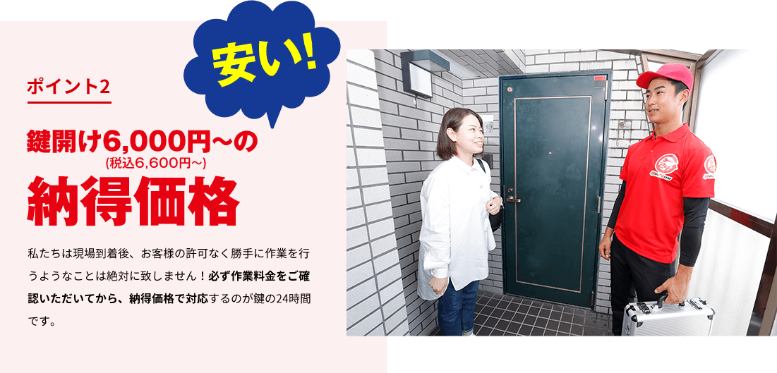 ポイント2 安い！ 鍵開け6,000円からの (税込6,600円から) 納得価格 私たちは現場到着後、お客様の許可なく勝手に作業を行うようなことは絶対に致しません！必ず作業料金をご確認いただいてから、納得価格で対応するのがの24時間です。